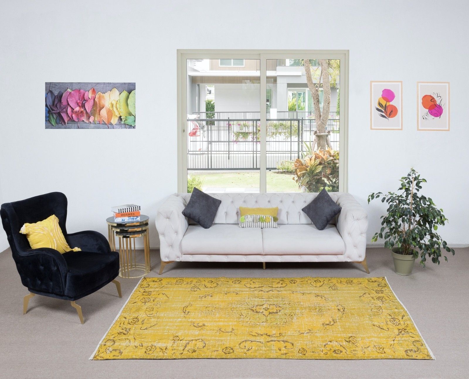 5.4x8.6 Ft Upcycled Handmade Turkish Area Rug, Yellow Over Dyed Wool Carpet photo furniture