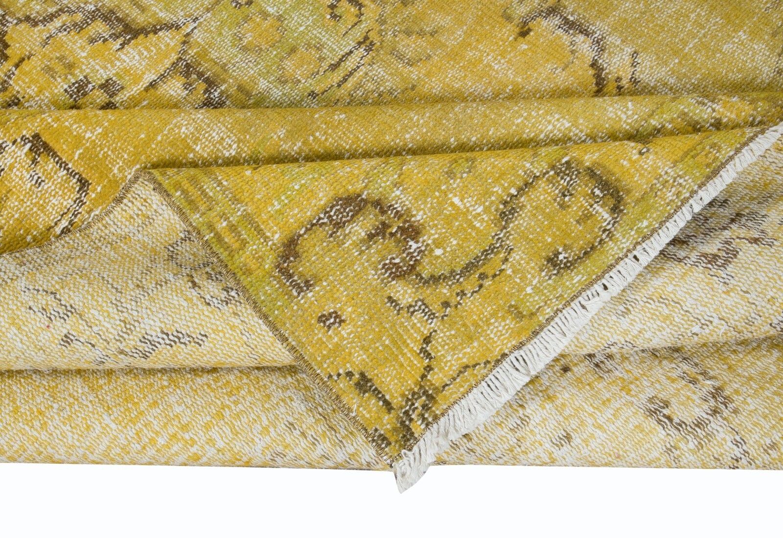 5.4x8.6 Ft Upcycled Handmade Turkish Area Rug, Yellow Over Dyed Wool Carpet photo for sale