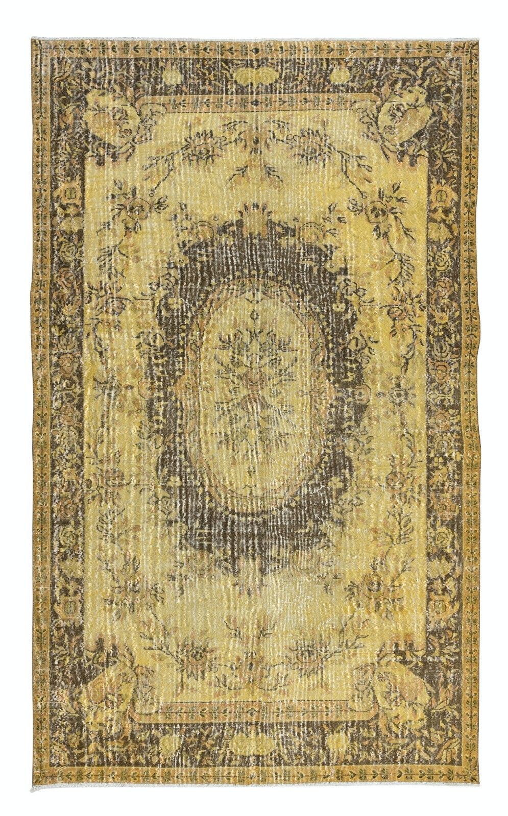 5.8x9.6 Ft Classic Aubusson Inspired Handmade Turkish Rug In Soft Yellow & Brown