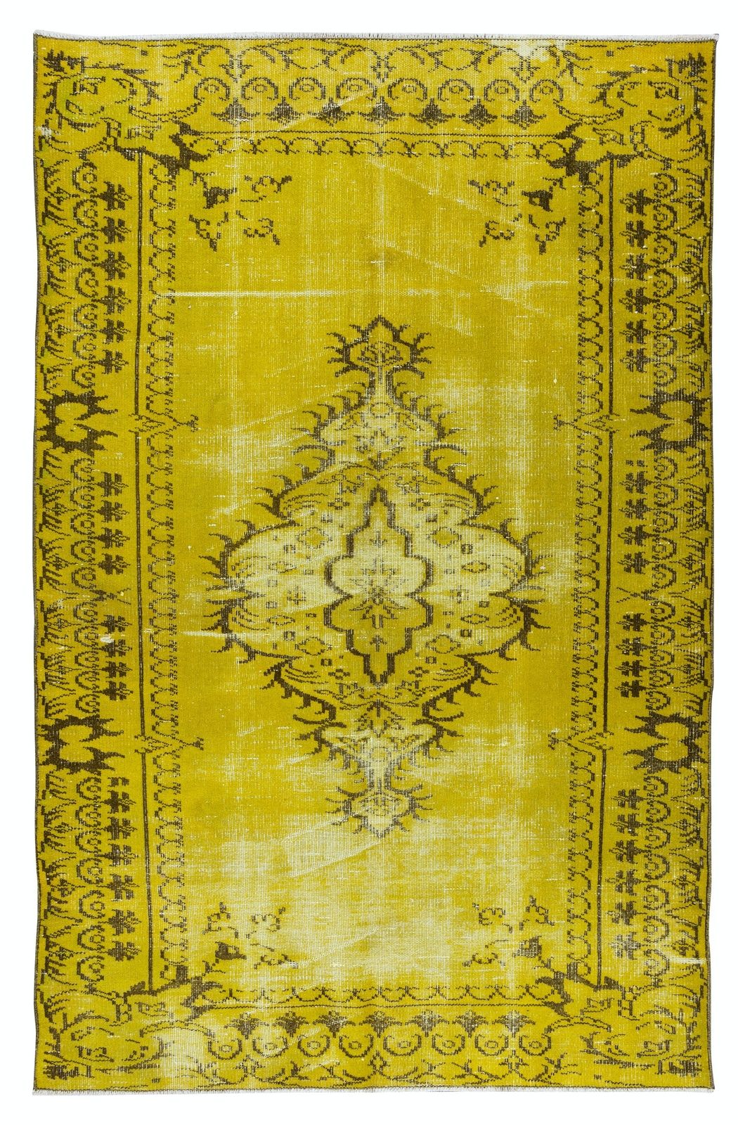 5.2x8.3 Ft Vintage Handmade Turkish Rug Overdyed In Yellow With Medallion Design
