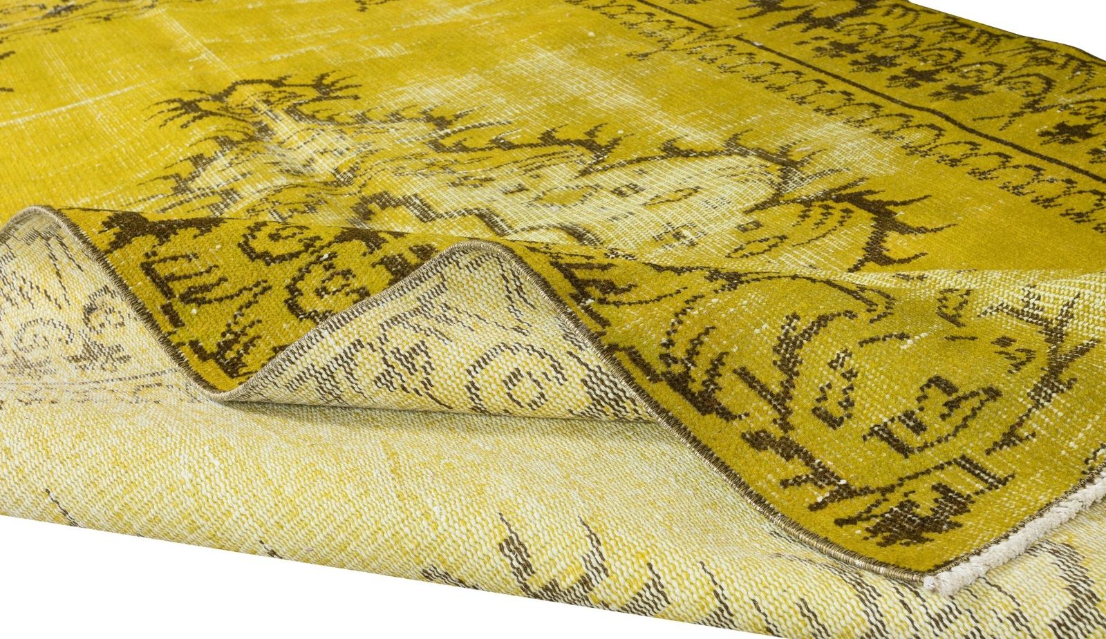 5.2x8.3 Ft Vintage Handmade Turkish Rug Overdyed In Yellow With Medallion Design photo for sale