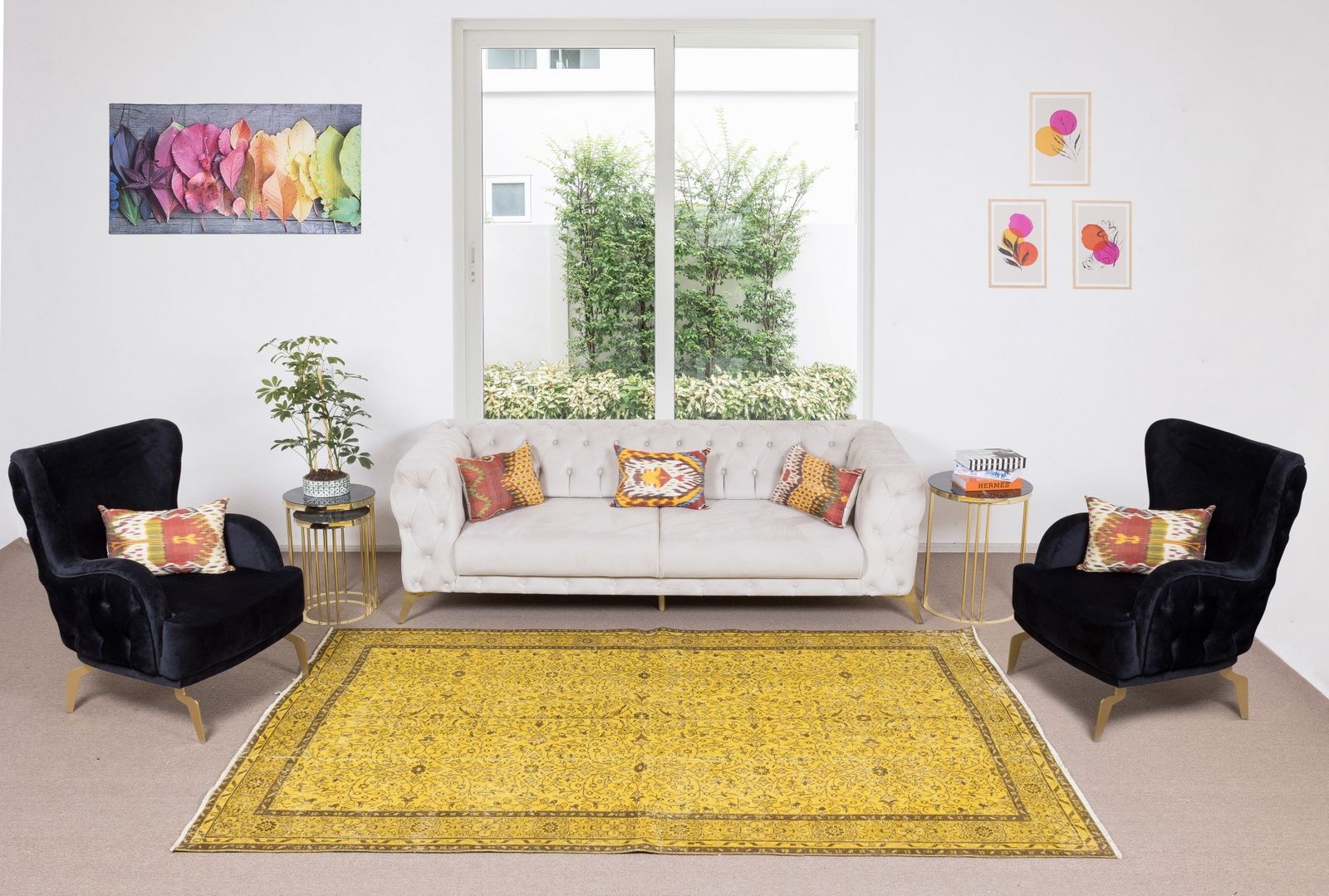 6x9.5 Ft Contemporary Handmade Turkish Vintage Floral Rug Over Dyed In Yellow photo furniture