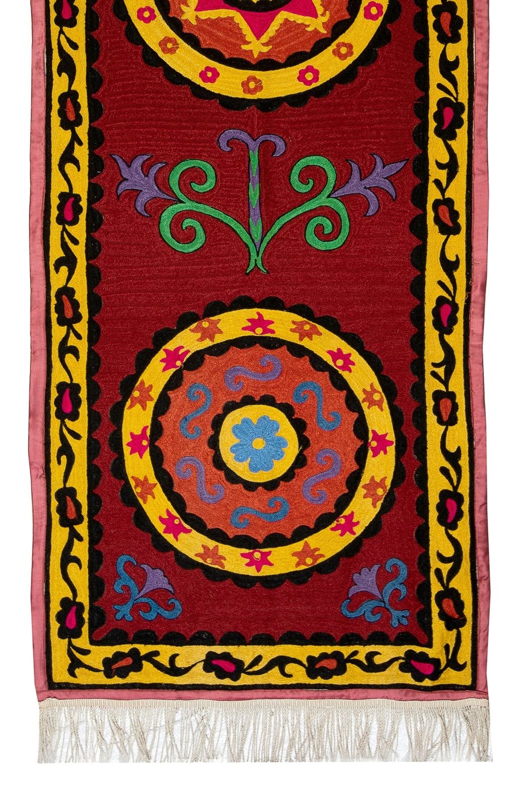2.3x7.4 Ft Uzbek Suzani Textile. Embroidered Silk And Cotton Wall Hanging photo for sale