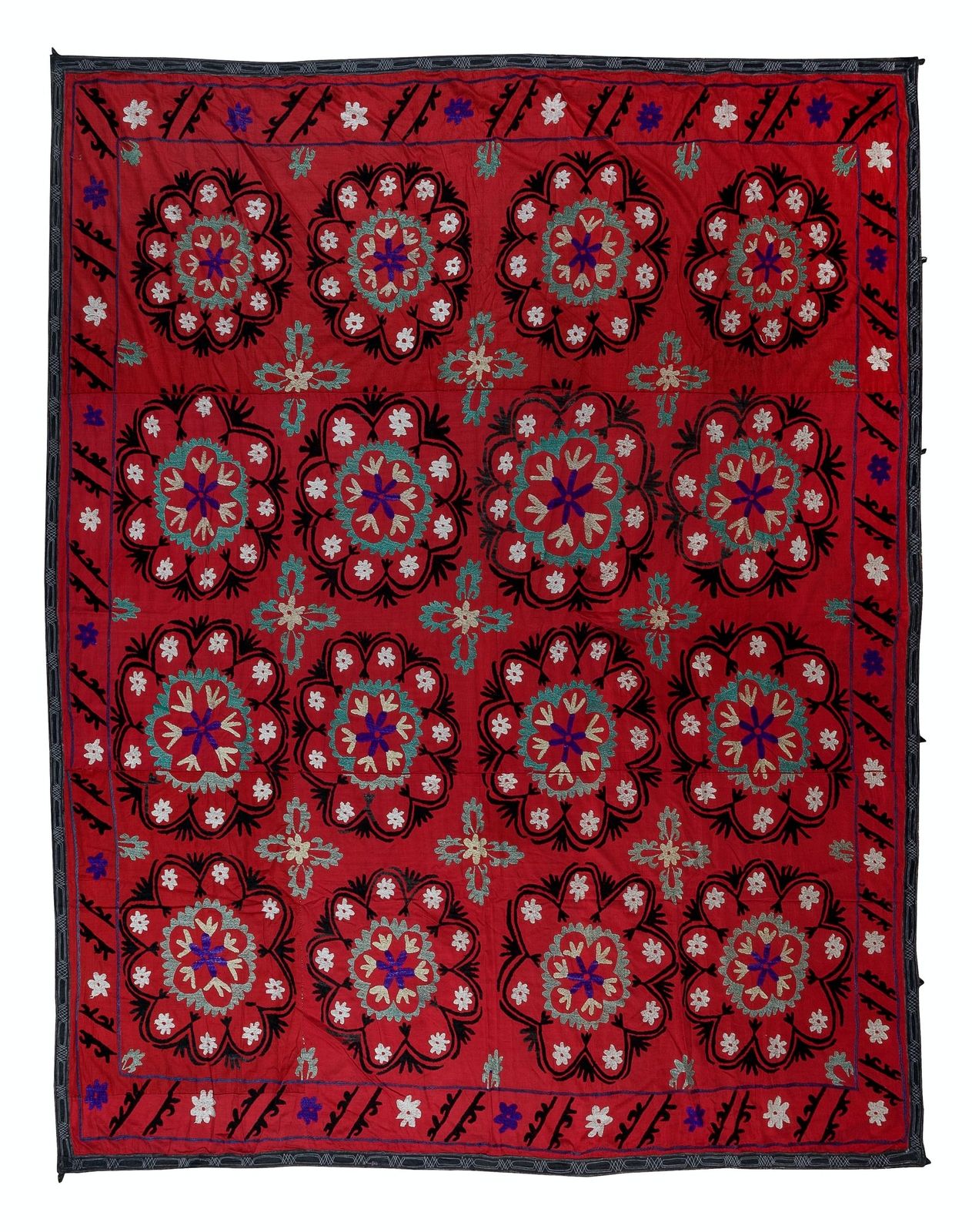 7.3x8 Ft Vintage Silk Hand Embroidery Bed Cover, Asian Suzani Wall Hanging