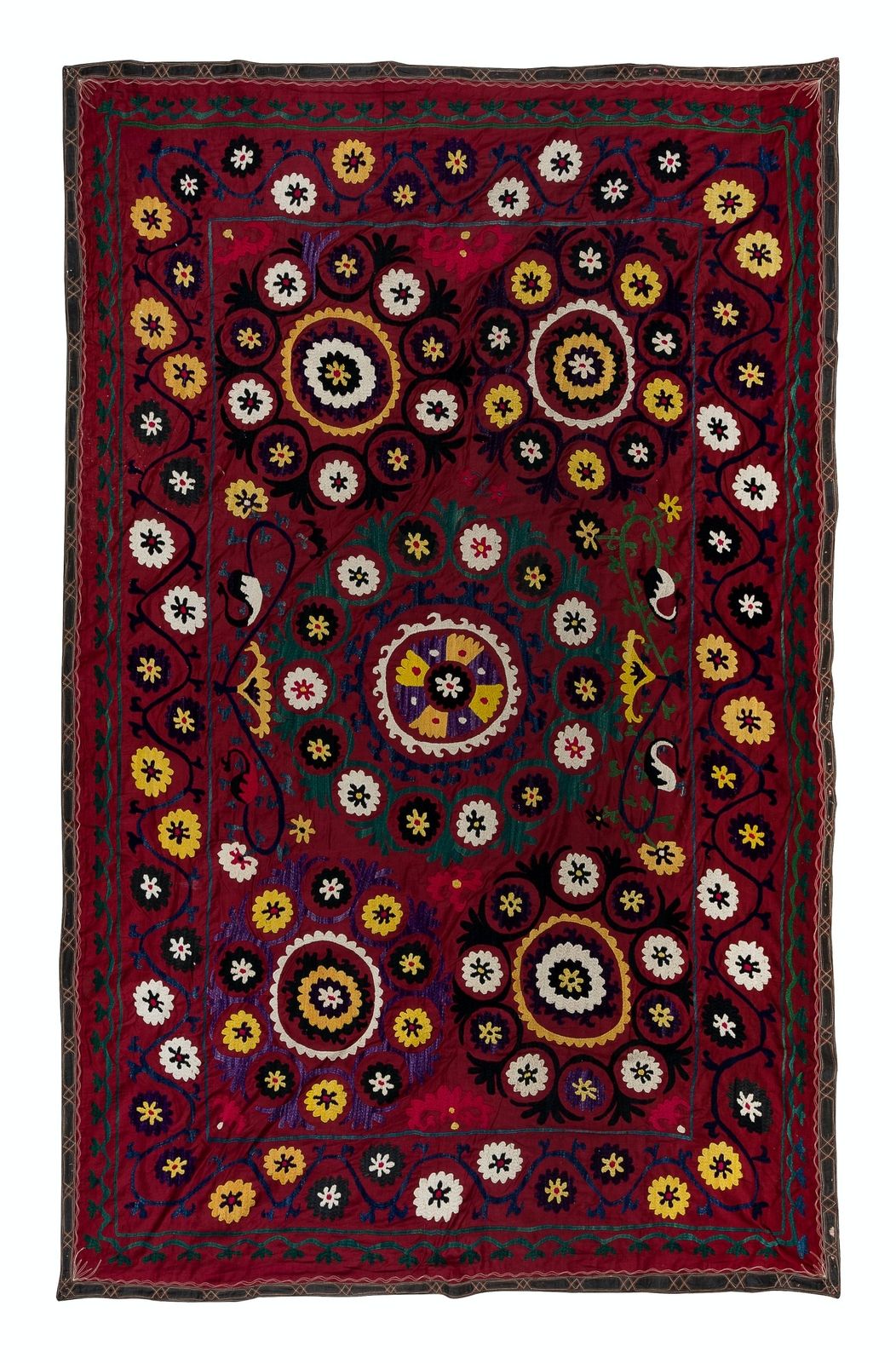 5x7.3 Ft Vintage Silk Hand Embroidery Bed Cover, Asian Suzani Wall Hanging