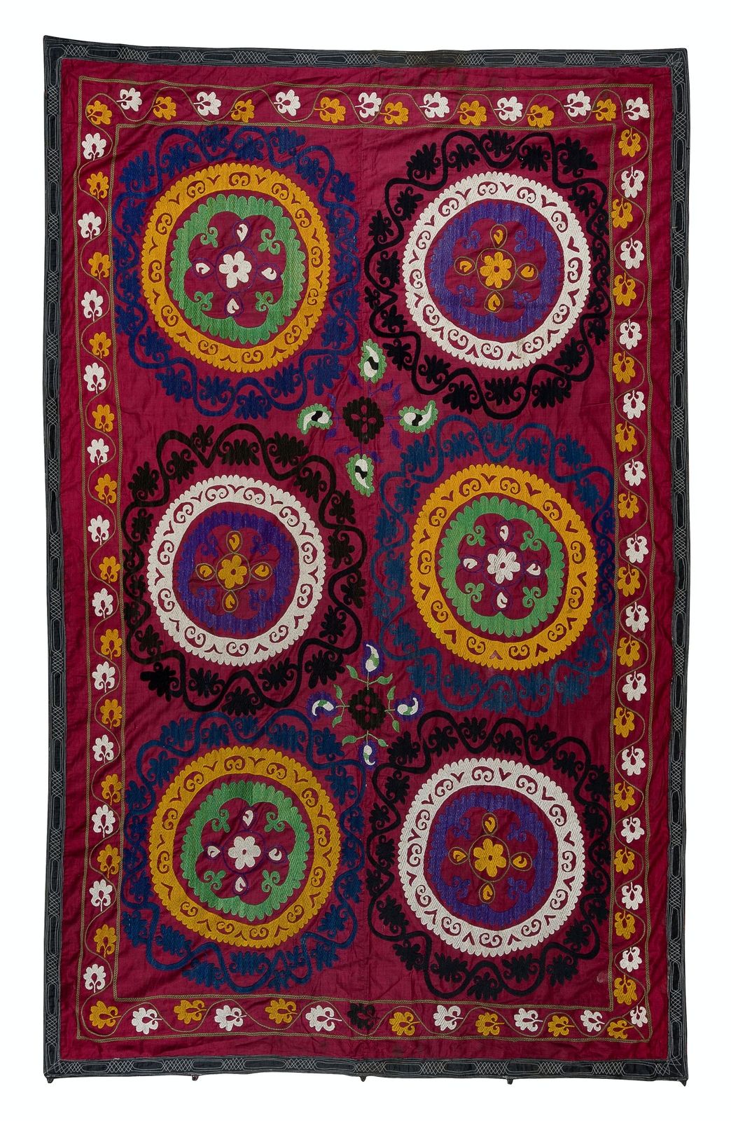 4.8x7.3 Ft Vintage Silk Hand Embroidery Bed Cover, Asian Suzani Wall Hanging
