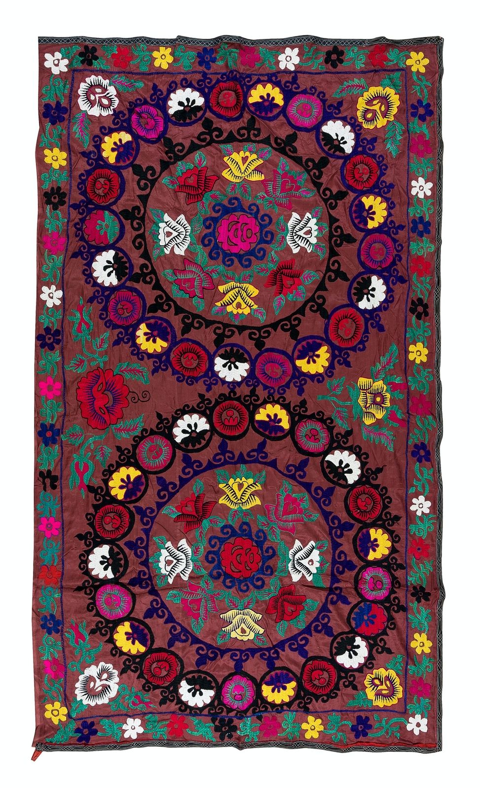 4.5x7.4 Ft Vintage Silk Embroidery Bed Cover, Traditional Suzani Wall Hanging