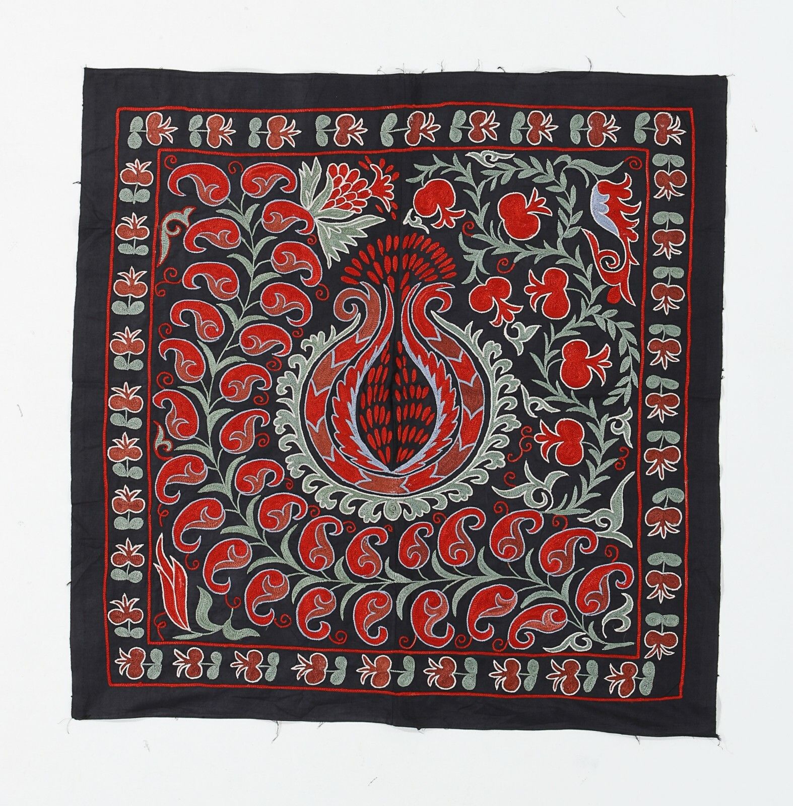 3'x3' Tashkent Embroidered Wall Hanging, Vintage Tablecloth In Black, Green, Red