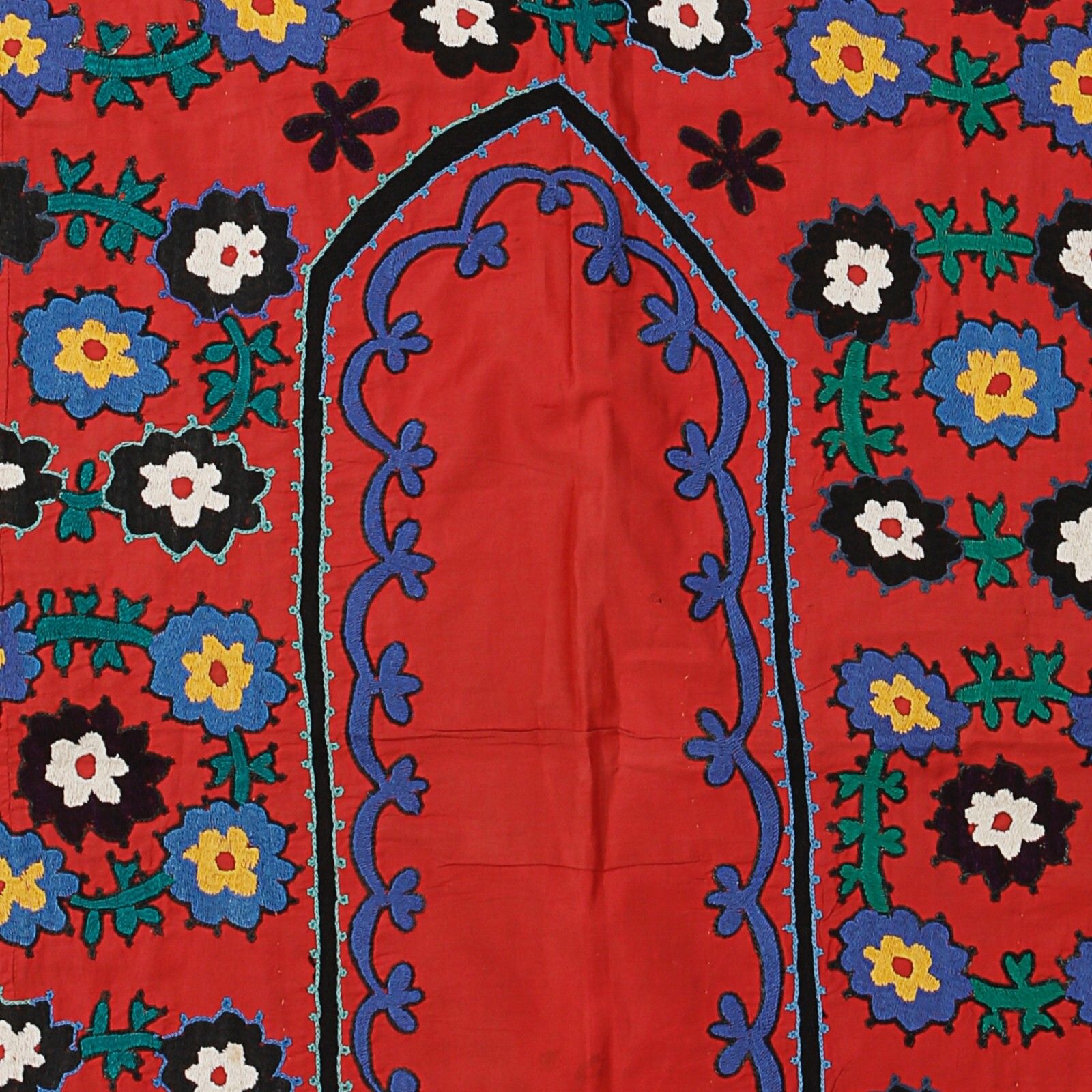 3x6.4 Ft Red Silk Embroidery Wall Hanging, Uzbek Wall Decor, Suzani Tablecloth photo for sale