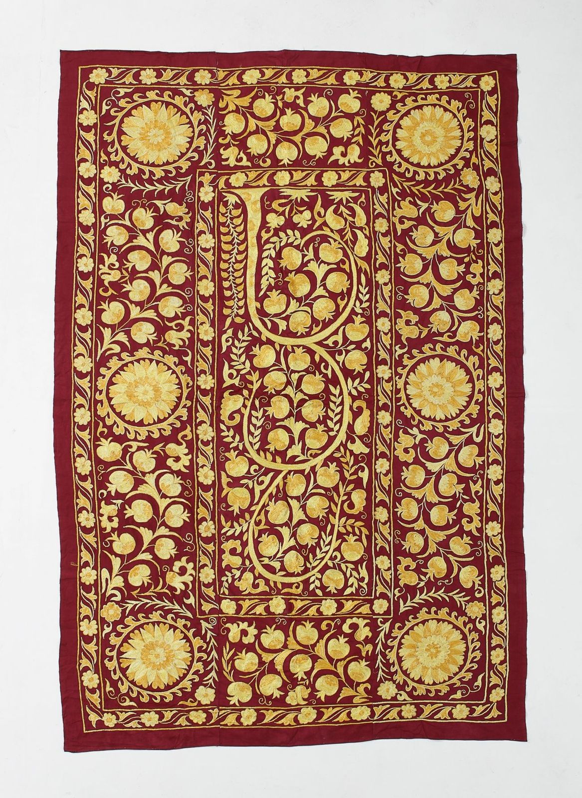 4.8x7 Ft Central Asian Suzani Textile, Silk Embroidered Bed Cover, Wall Hanging