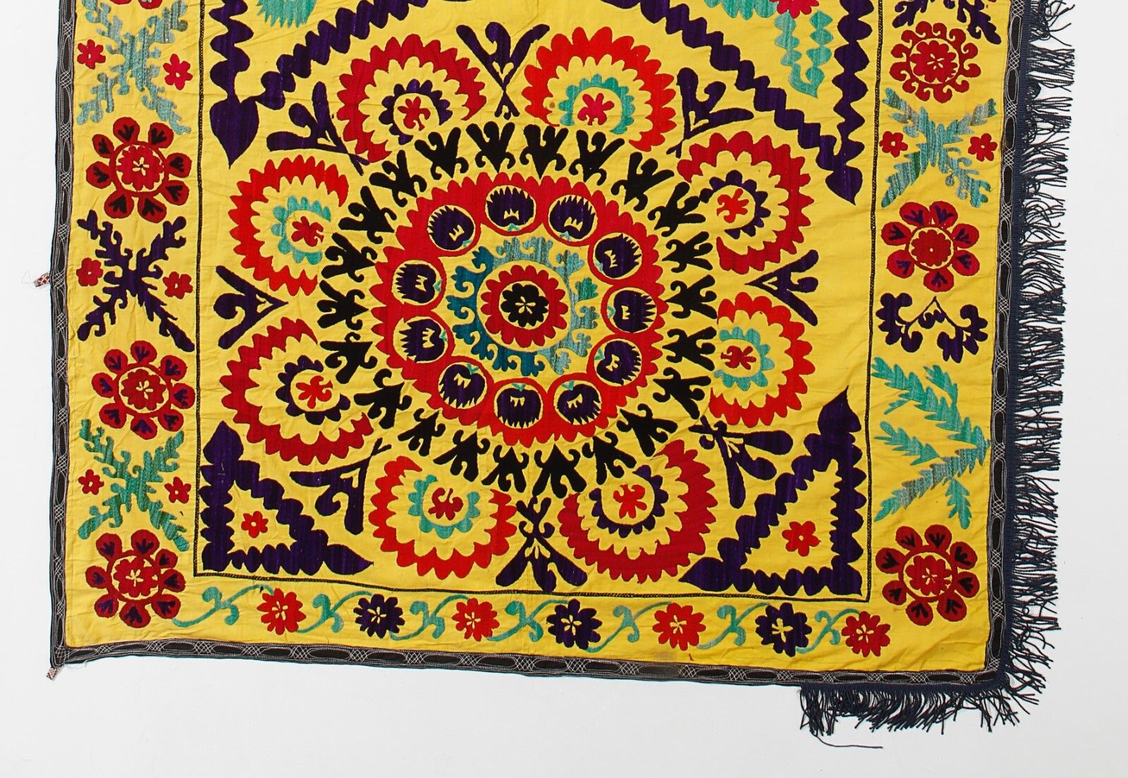 4.7x10.5 Ft Handmade Suzani Wall Hanging In Yellow, Silk Embroidery Table Runner photo Art