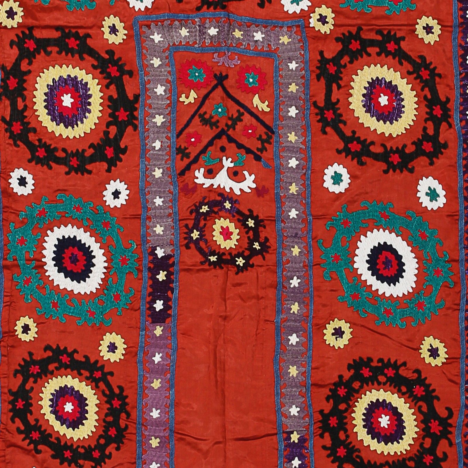 3.2x5.3 Ft Tashkent Suzani Textile Wall Hanging, Red Silk Embroidery Table Cover photo for sale