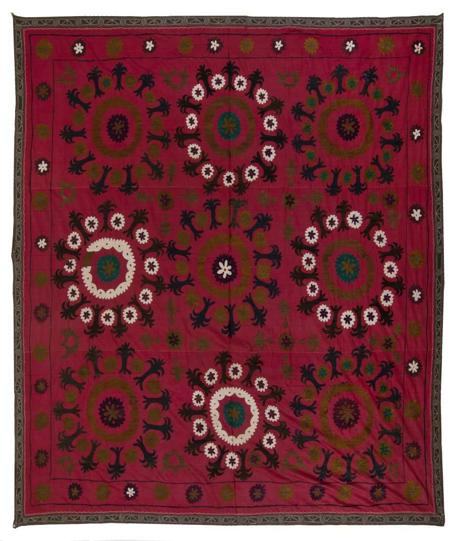 7x7.4 Ft Central Asian Suzani Textile. Embroidered Cotton & Silk Bed Cover