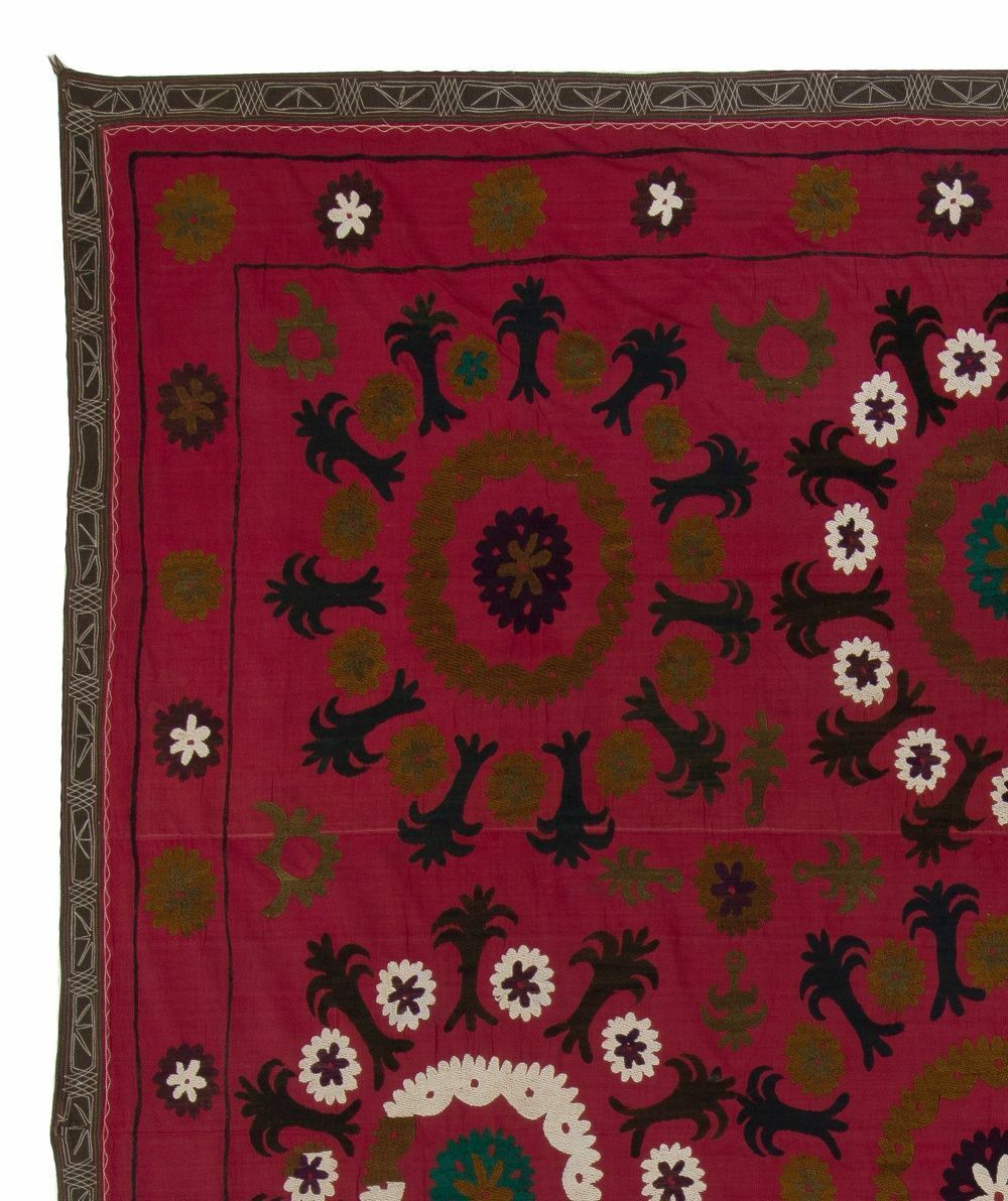 7x7.4 Ft Central Asian Suzani Textile. Embroidered Cotton & Silk Bed Cover photo furniture