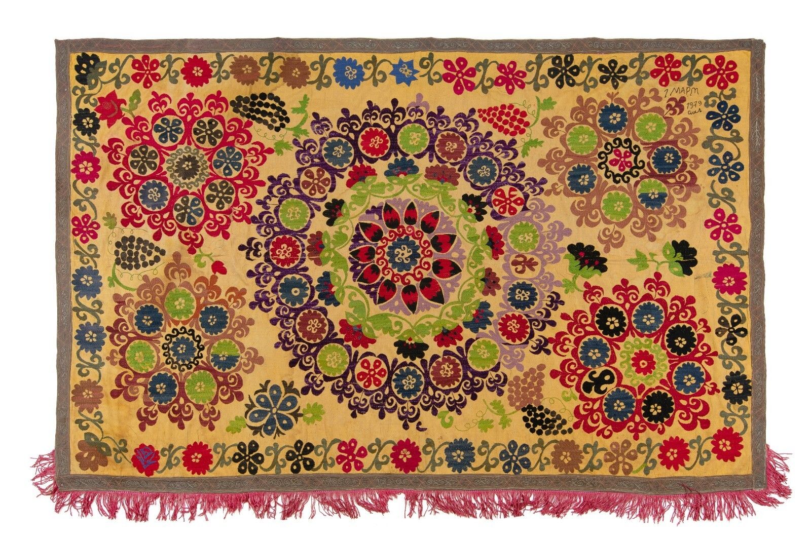 5x8 Ft Suzani 1979s Tapestry, Silk Embroidered Wall Hanging, Yellow Bedspread