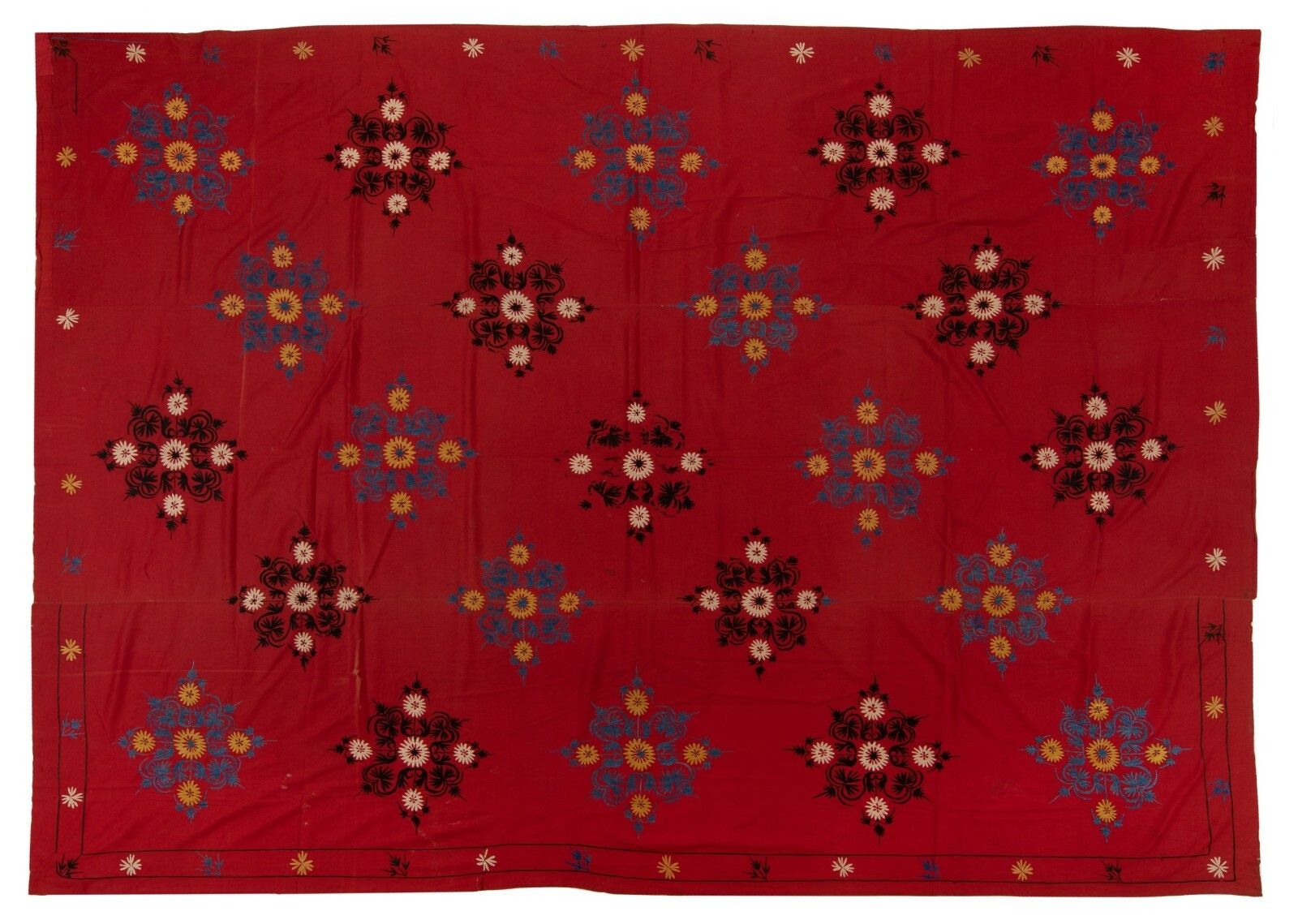 6.7x8.7 Ft Central Asian Suzani Textile. Embroidered Cotton & Silk Bed Cover photo 807.0