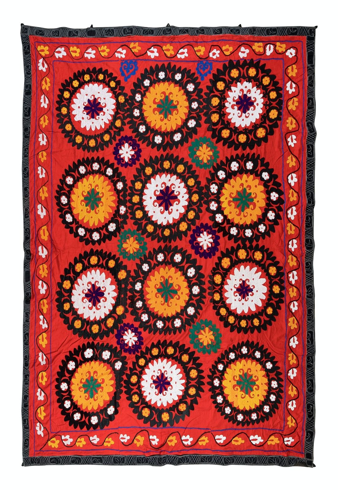 6x7.7 Ft Vintage Silk Hand Embroidery Bed Cover, Uzbek Suzani Wall Hanging