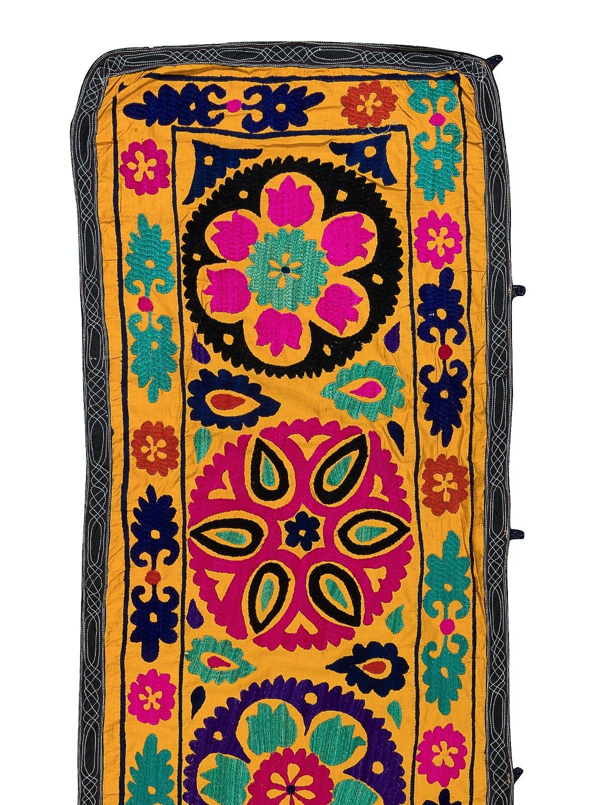 2x14.6 Ft Vintage Silk Hand Embroidery Wall Hanging, Yellow Suzani Table Runner photo furniture