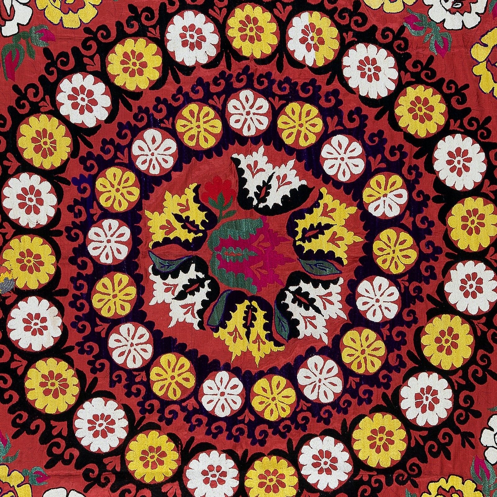 5x6 Ft Silk Embroidery Bed Cover, Suzani Wall Hanging In Red, Uzbek Tapestry photo vinterior