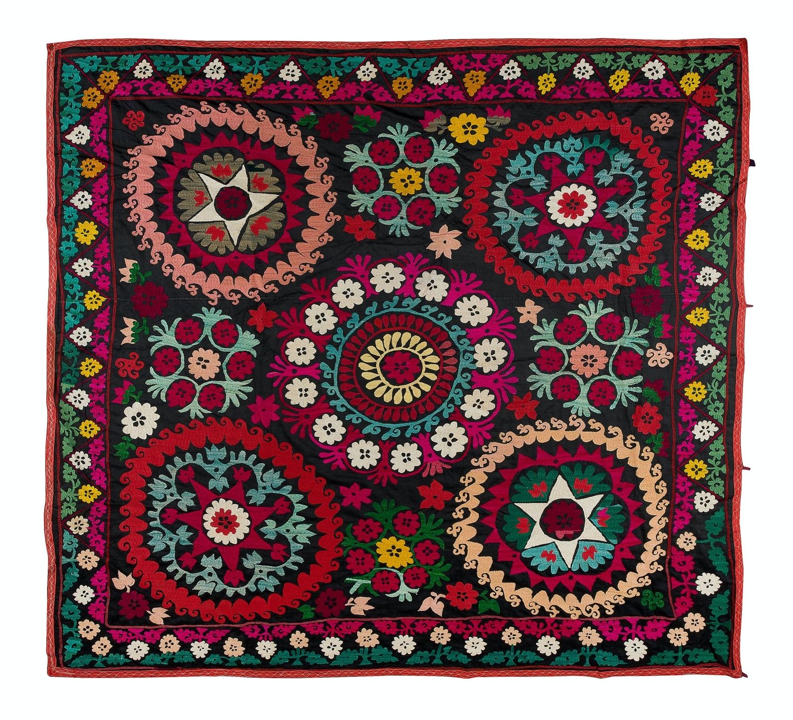 6x6 Ft Vintage Silk Hand Embroidery Bed Cover, Central Asian Suzani Wall Hanging photo 519.0