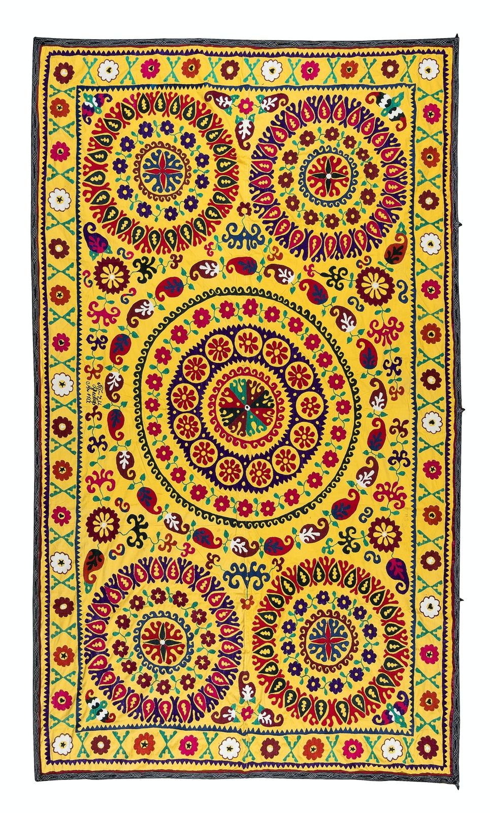 5.4x8.6 Ft Vintage Silk Hand Embroidery Bed Cover, Uzbek Suzani Wall Hanging