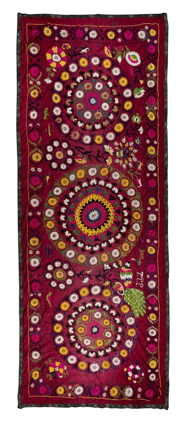 5x12 Ft Vintage Silk Hand Embroidery Bed Cover, Uzbek Suzani Wall Hanging