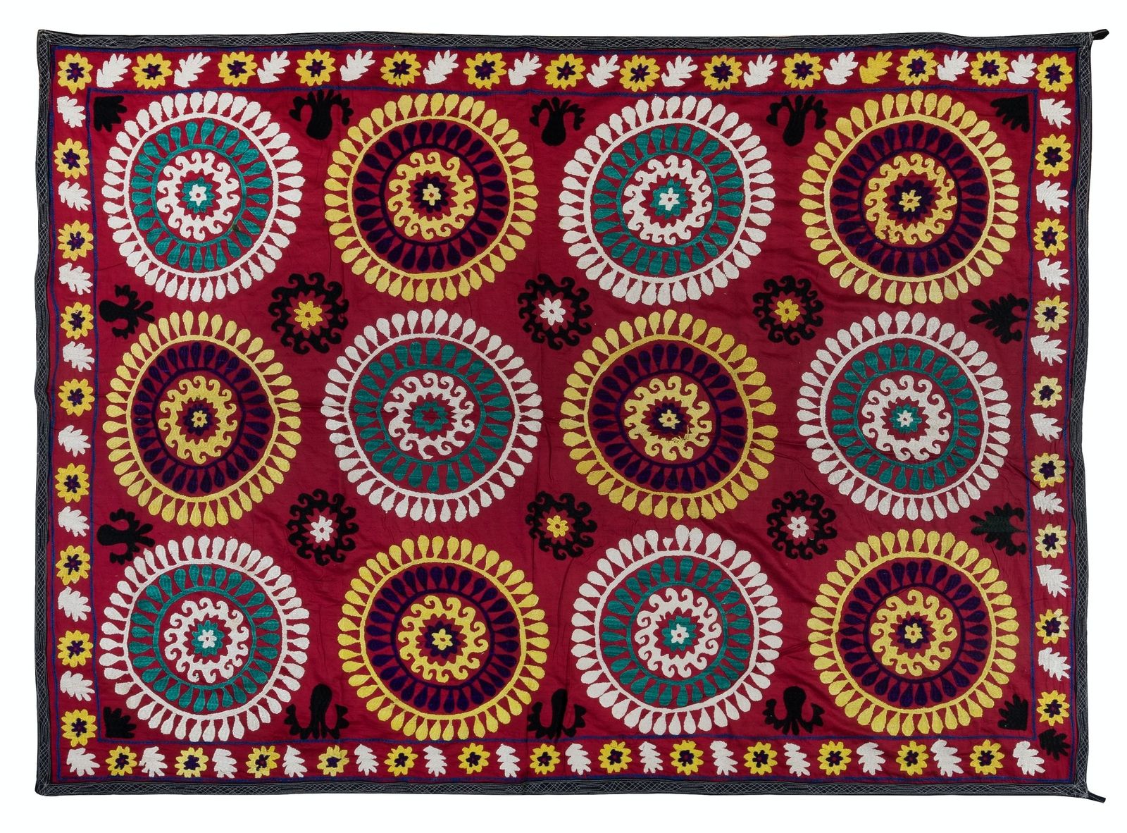 4.7x6.4 Ft Vintage Silk Embroidery Wall Hanging, Red Uzbek Suzani Bed Cover photo Art