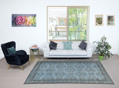 6x9.8 Ft Modern Floral Patterned Area Rug In Blue, Hand Knotted In Turkey photo furniture