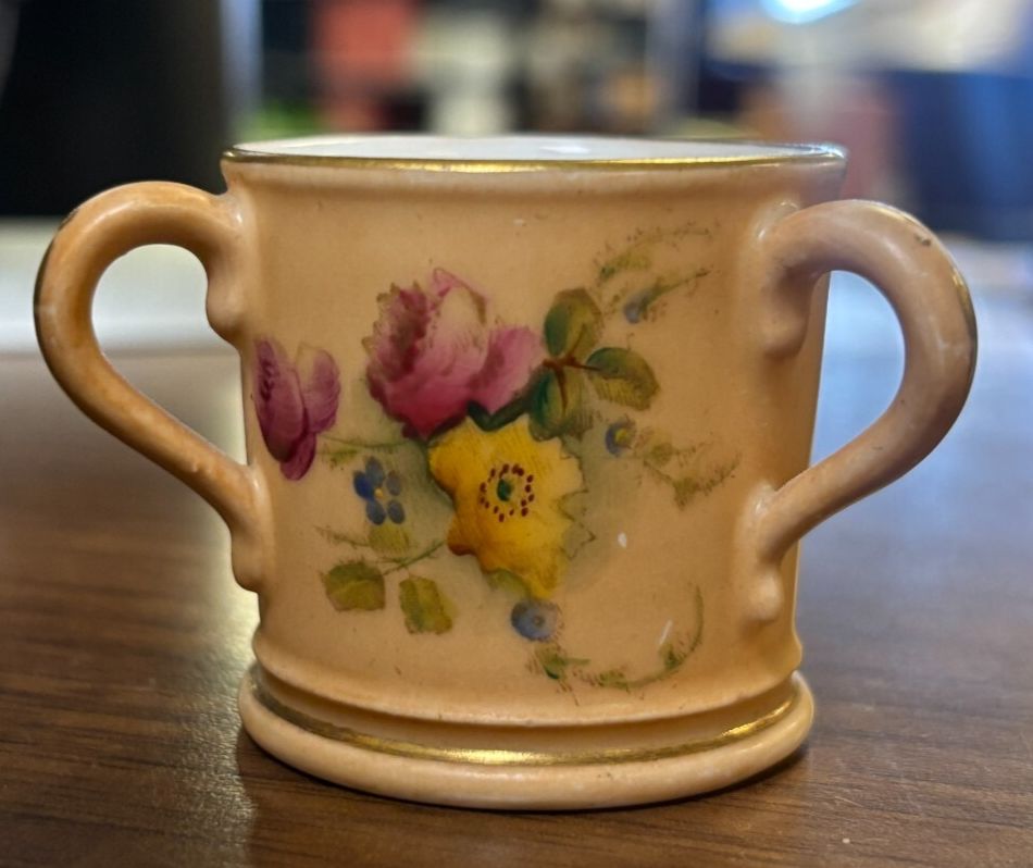 Rare Antique Miniature Royal Worcester Blush Ivory 3 Handle Cup