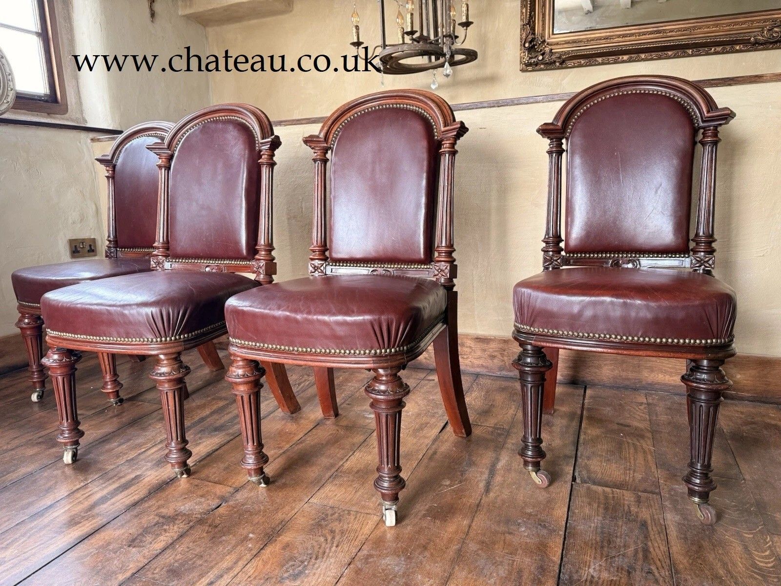Set  4 Antique Red Aniline Red Leather Dining Chairs Manner Gillows Circa 1860 photo for sale