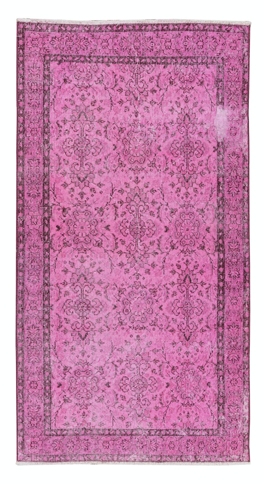 3.8x7 Ft Pink Over Dyed Rug, Floral Turkish Vintage Hand Knotted Small Carpet