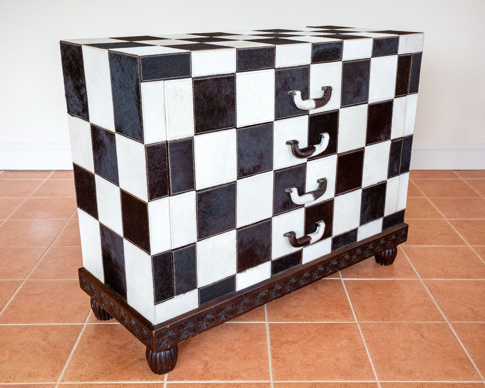 photo for sale Checkerboard Chest Of Drawers Antique Cowhide Statement Furniture Country House Rock Star Furniture Black And White Patchwork Monochrome