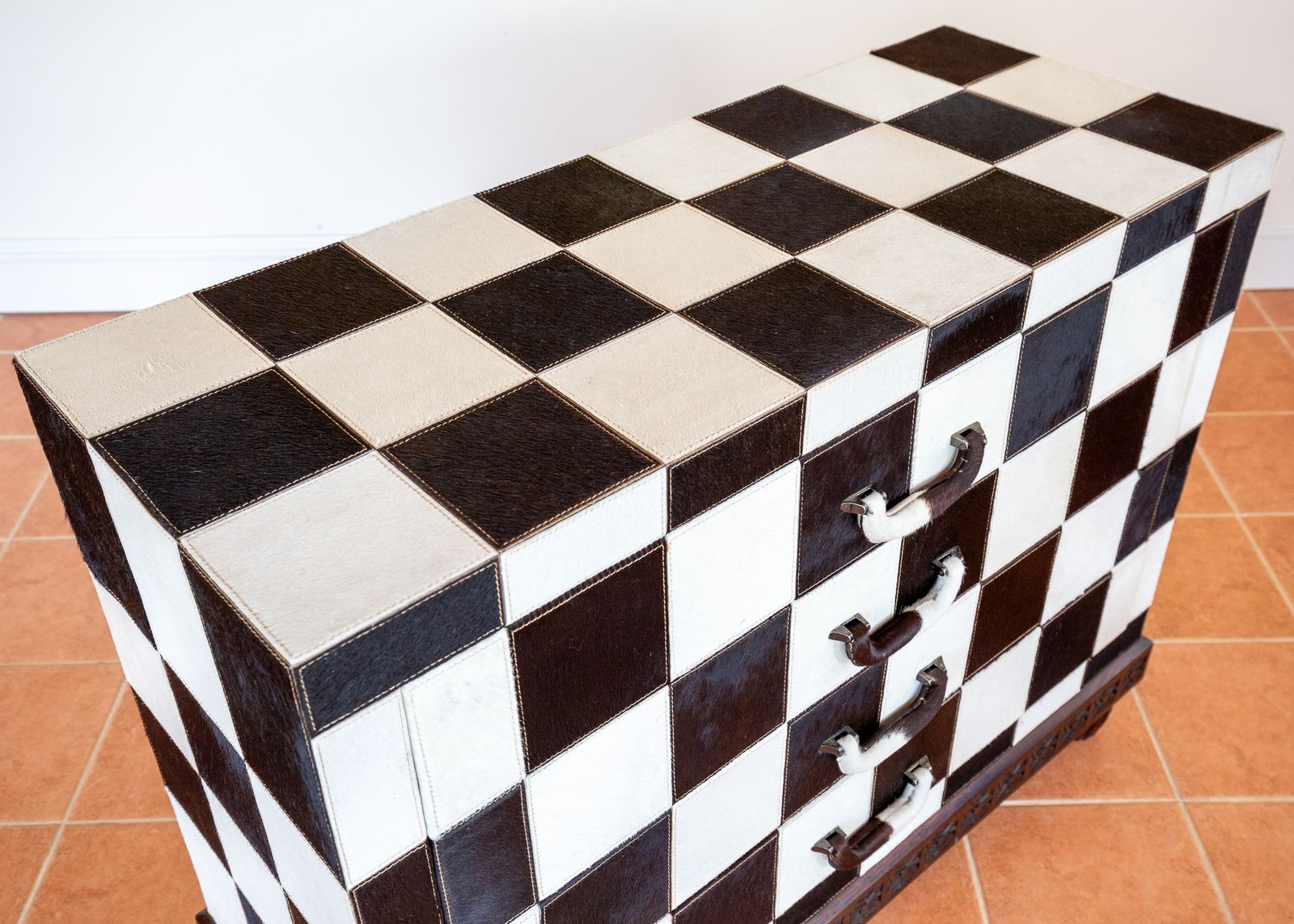 Furniture Checkerboard Chest Of Drawers Antique Cowhide Statement Furniture Country House Rock Star Furniture Black And White Patchwork Monochrome photo