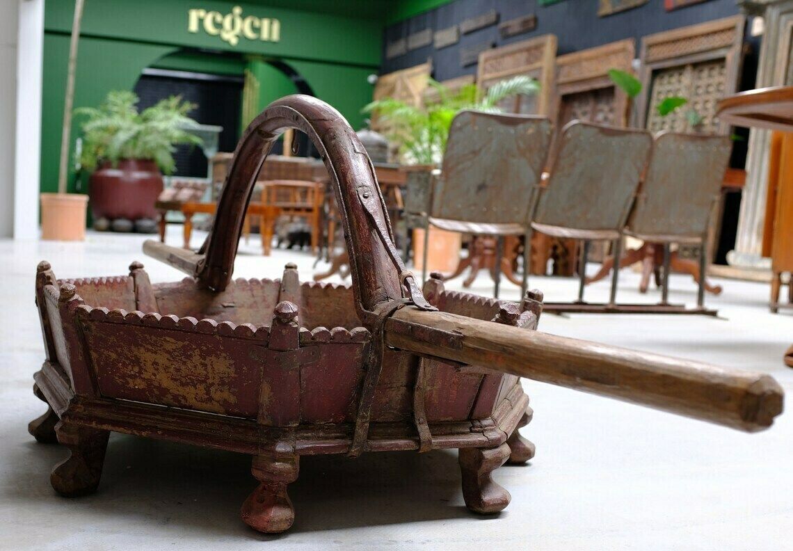Antique Painted Teakwood Palkhi From Gujarat, 1900 – Hand Carved Palanquin For Temple Processions With Original Red Finish photo Home Decor