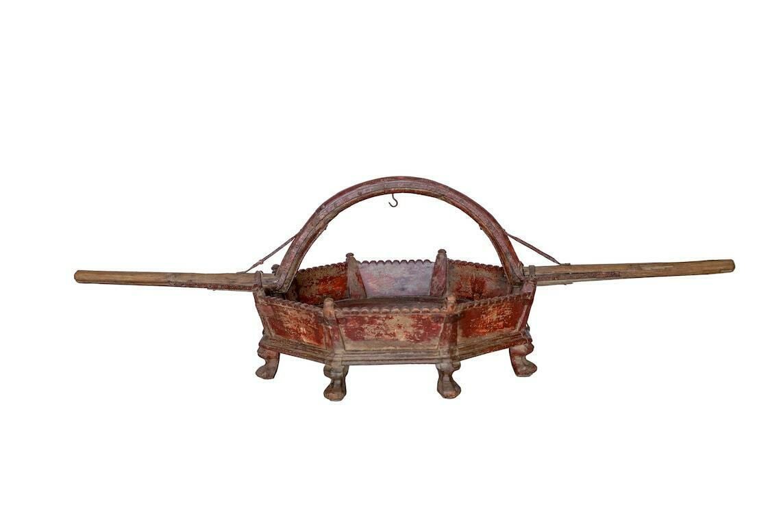 Antique Painted Teakwood Palkhi From Gujarat, 1900 – Hand Carved Palanquin For Temple Processions With Original Red Finish photo vinterior