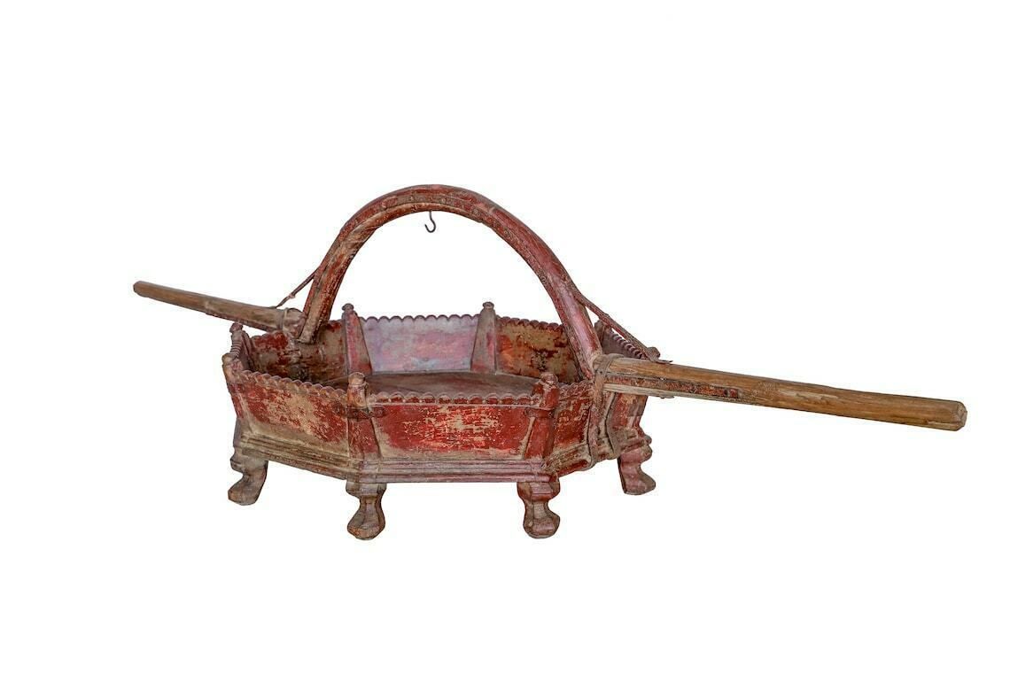 photo furniture Antique Painted Teakwood Palkhi From Gujarat, 1900 – Hand Carved Palanquin For Temple Processions With Original Red Finish