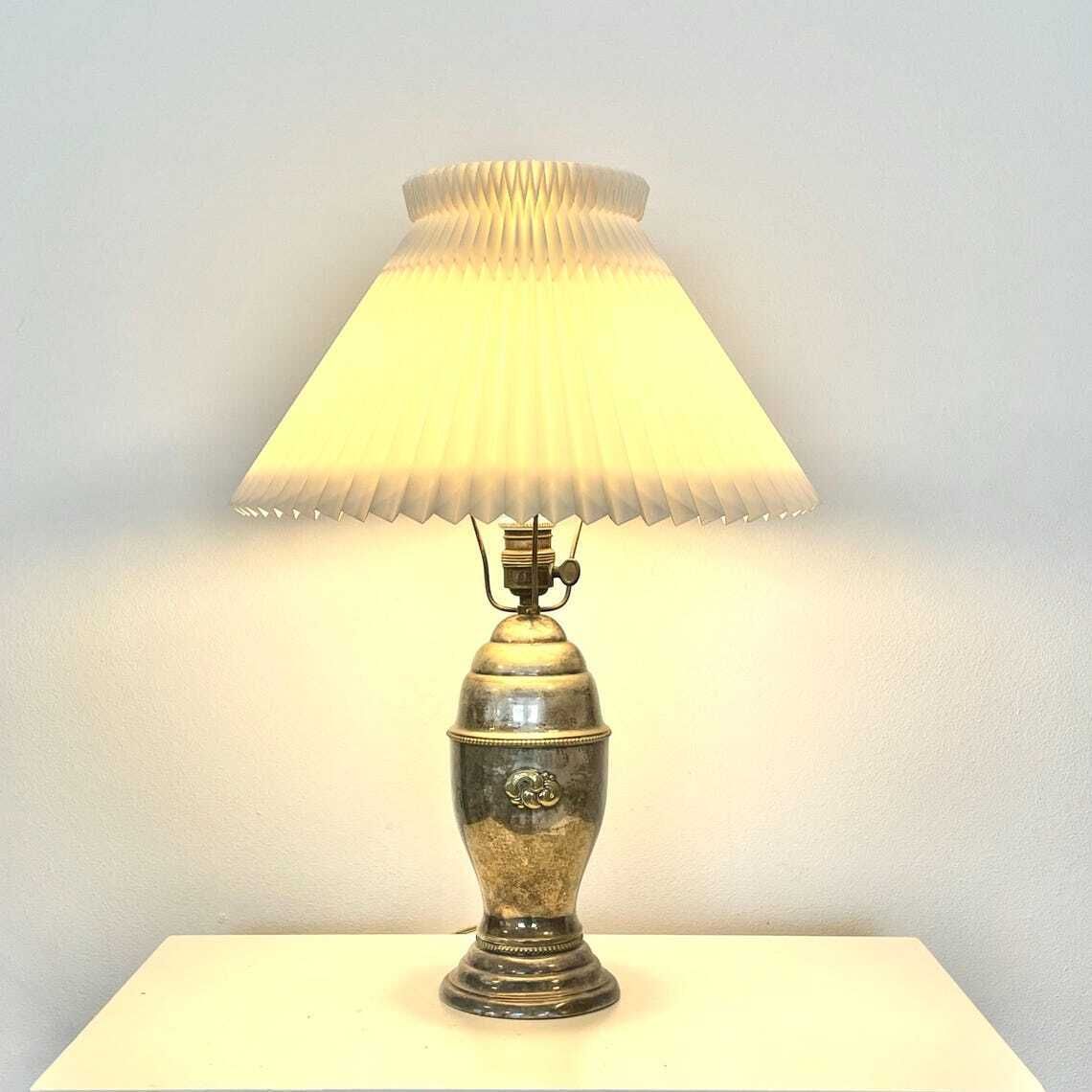 Exclusive Danish Vintage Art Deco Silver Plated Table Lamp With Decoration And Original Le Klint Shade   Design By Gero Sølv, Denmark