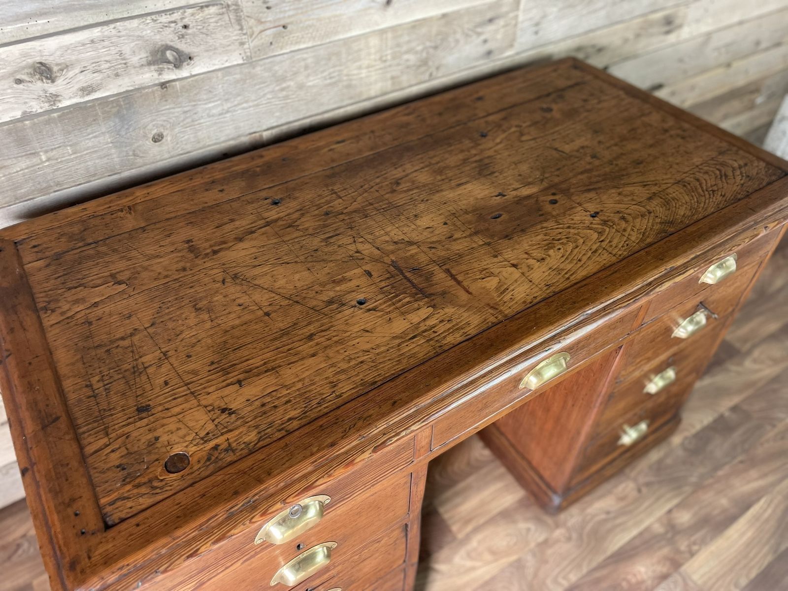 photo vinterior Antique Pitch Pine Panelled Headmasters School Desk 9 Drawers 2 Keys