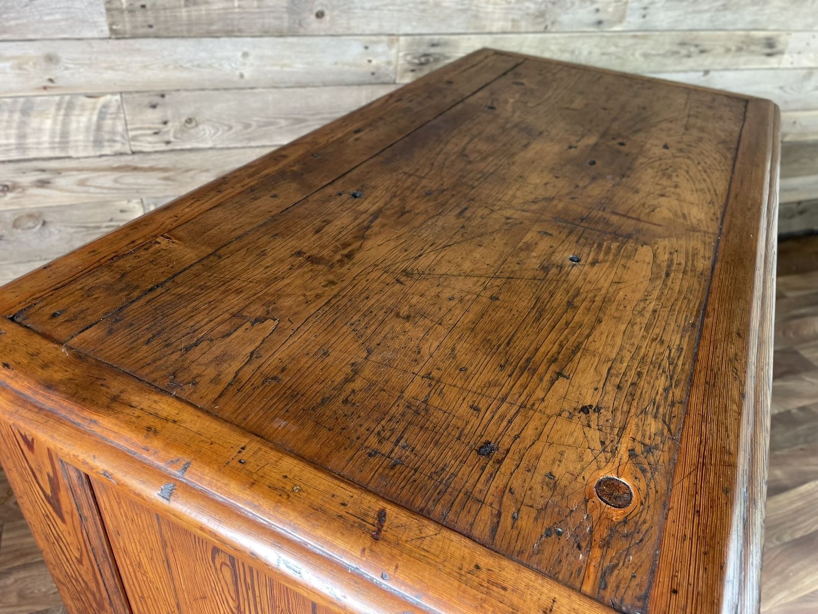photo furniture Antique Pitch Pine Panelled Headmasters School Desk 9 Drawers 2 Keys