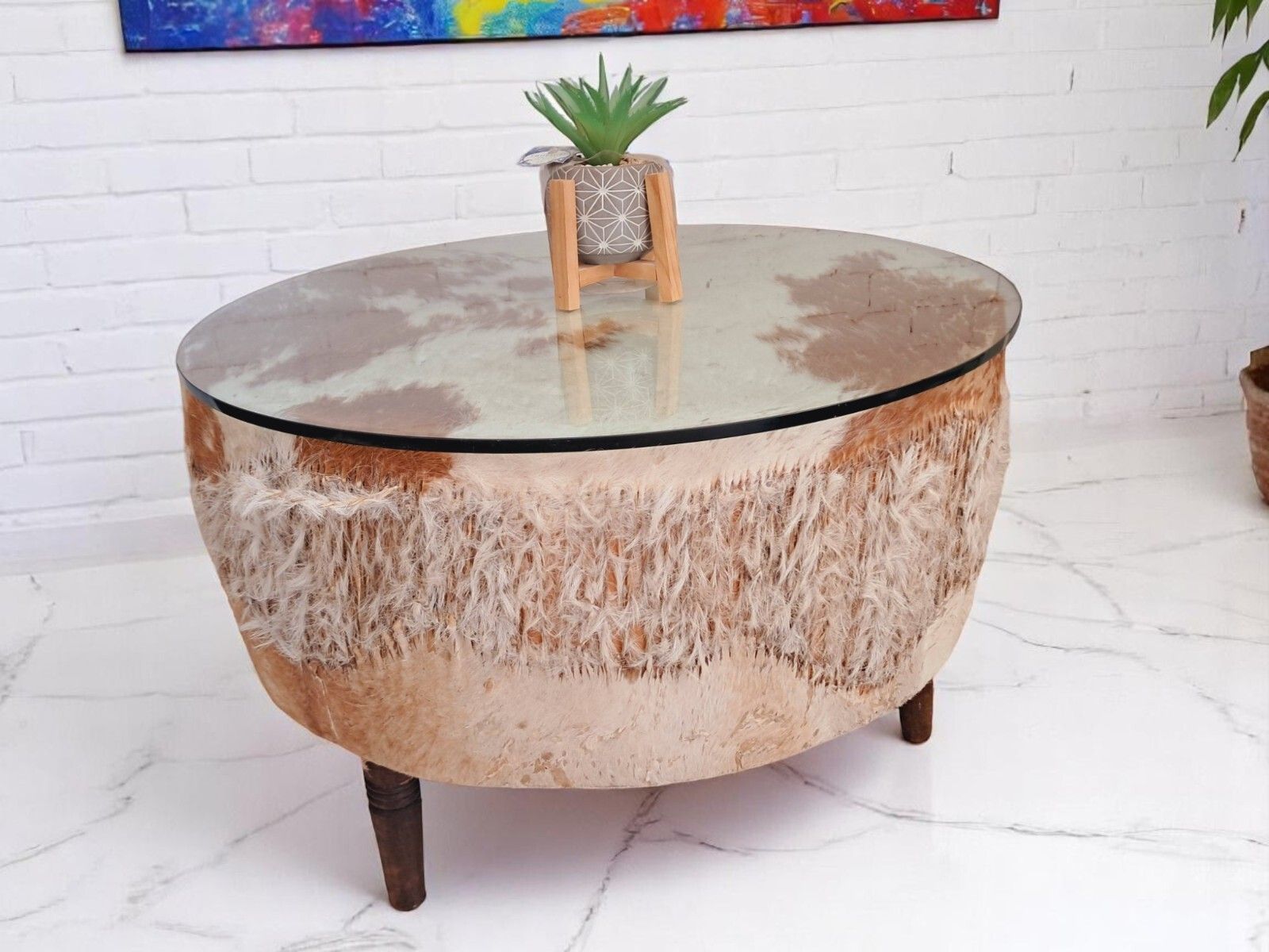 Vintage African Drum Coffee Table Cowhide Table Glass Top Large 1960 photo 550.0