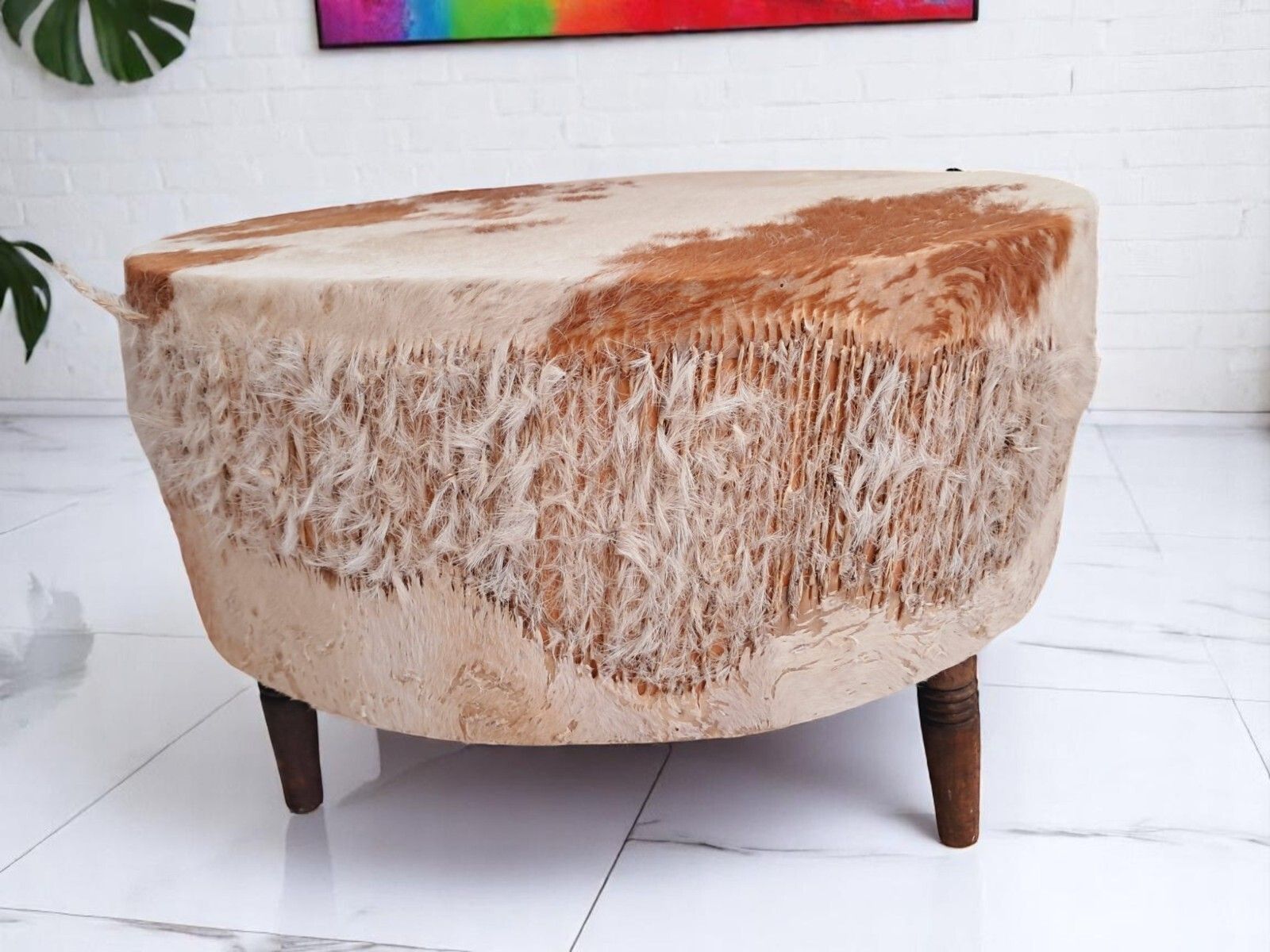 Vintage African Drum Coffee Table Cowhide Table Glass Top Large 1960 photo buy