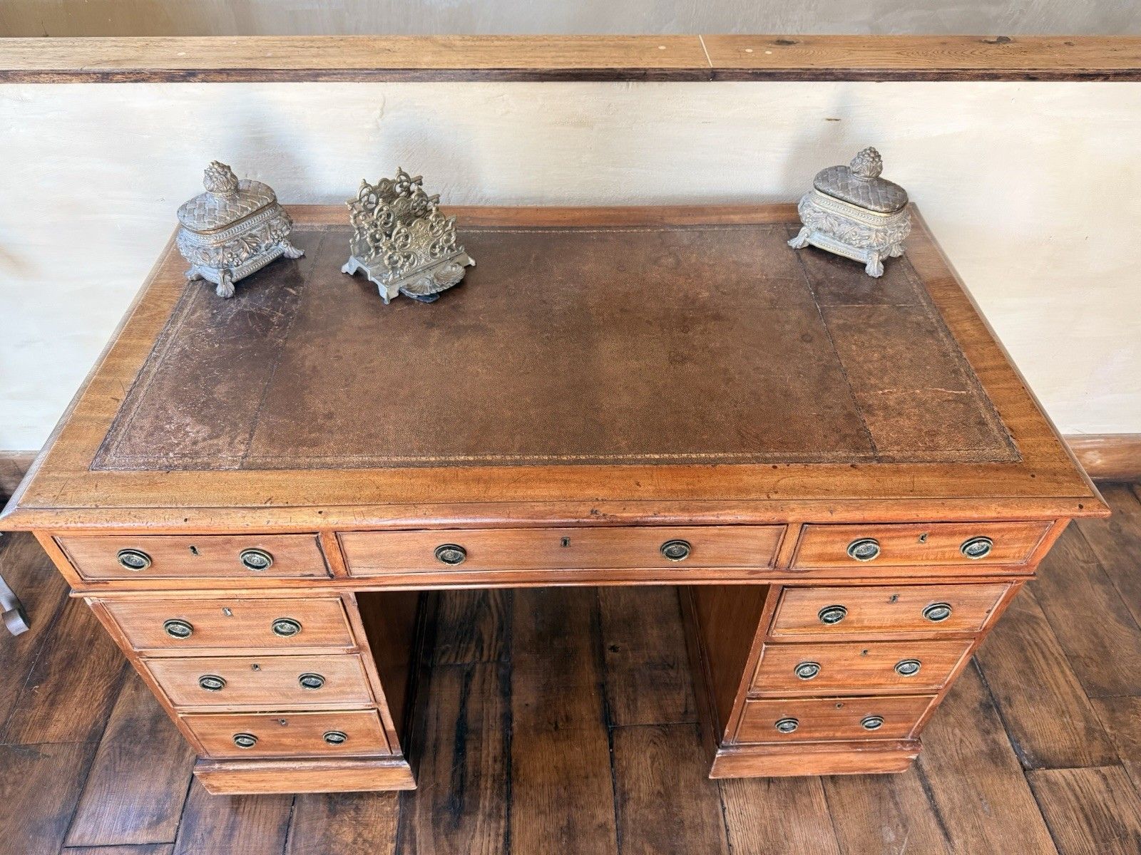 Fine Original Georgian Antique Brown Leather Writing Pedestal Desk Circa 1800's photo furniture