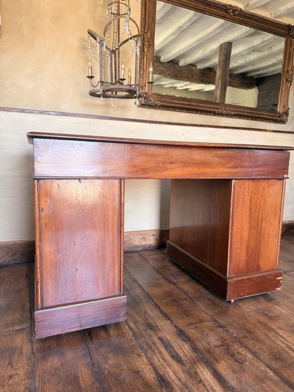 photo buy Fine Original Georgian Antique Brown Leather Writing Pedestal Desk Circa 1800's