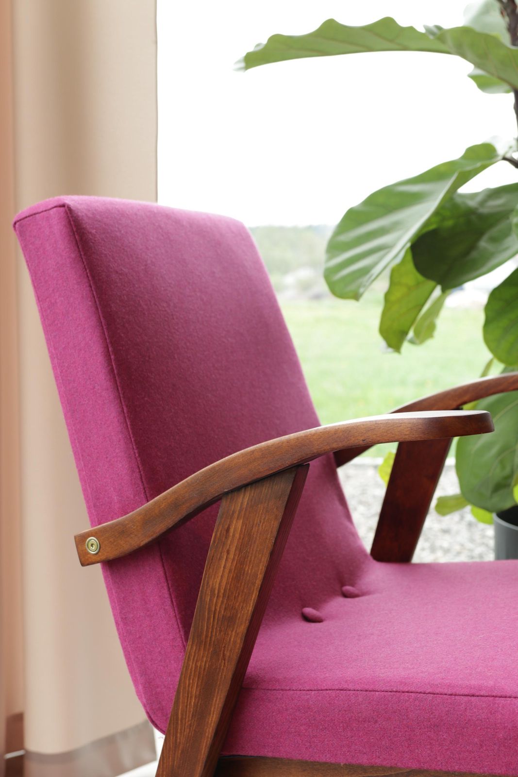 photo for sale Vintage Wool Fuchsia Armchair Full Refurbished Designed By Puchała, 1960, Poland