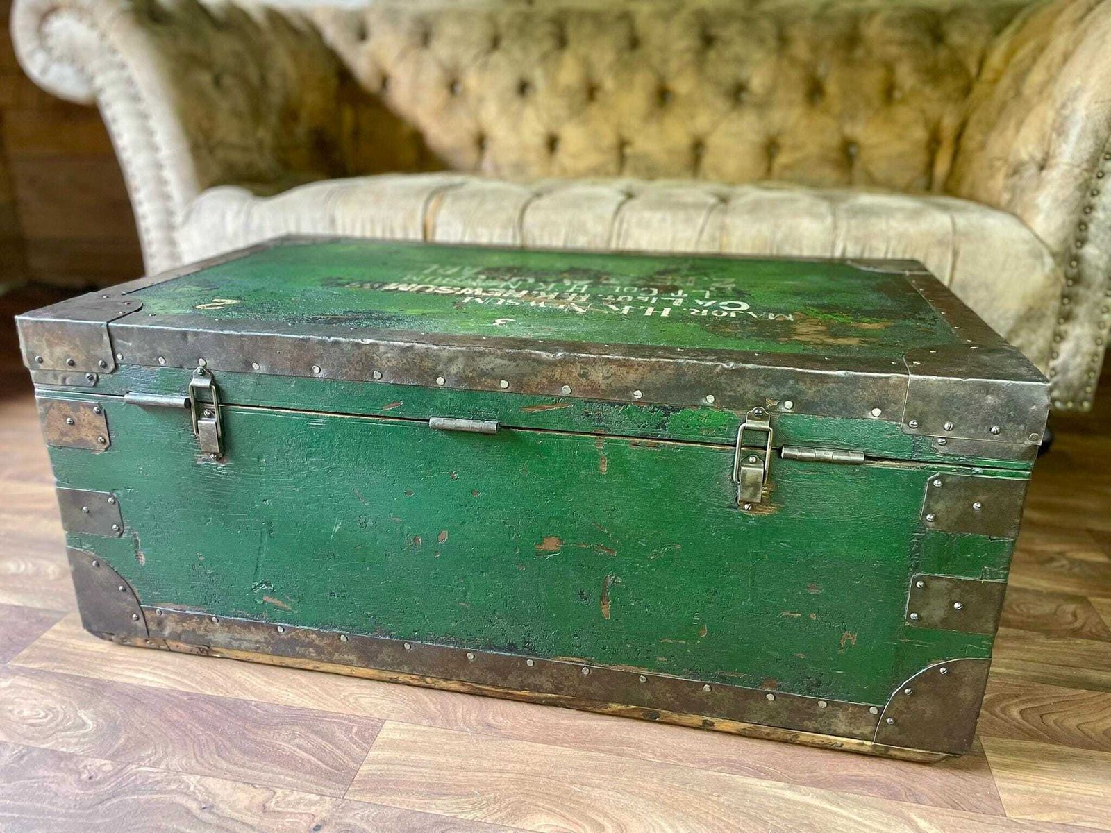 Antique Military Trunk, Storage Chest, Coffee Table Trunk & Key photo vintage