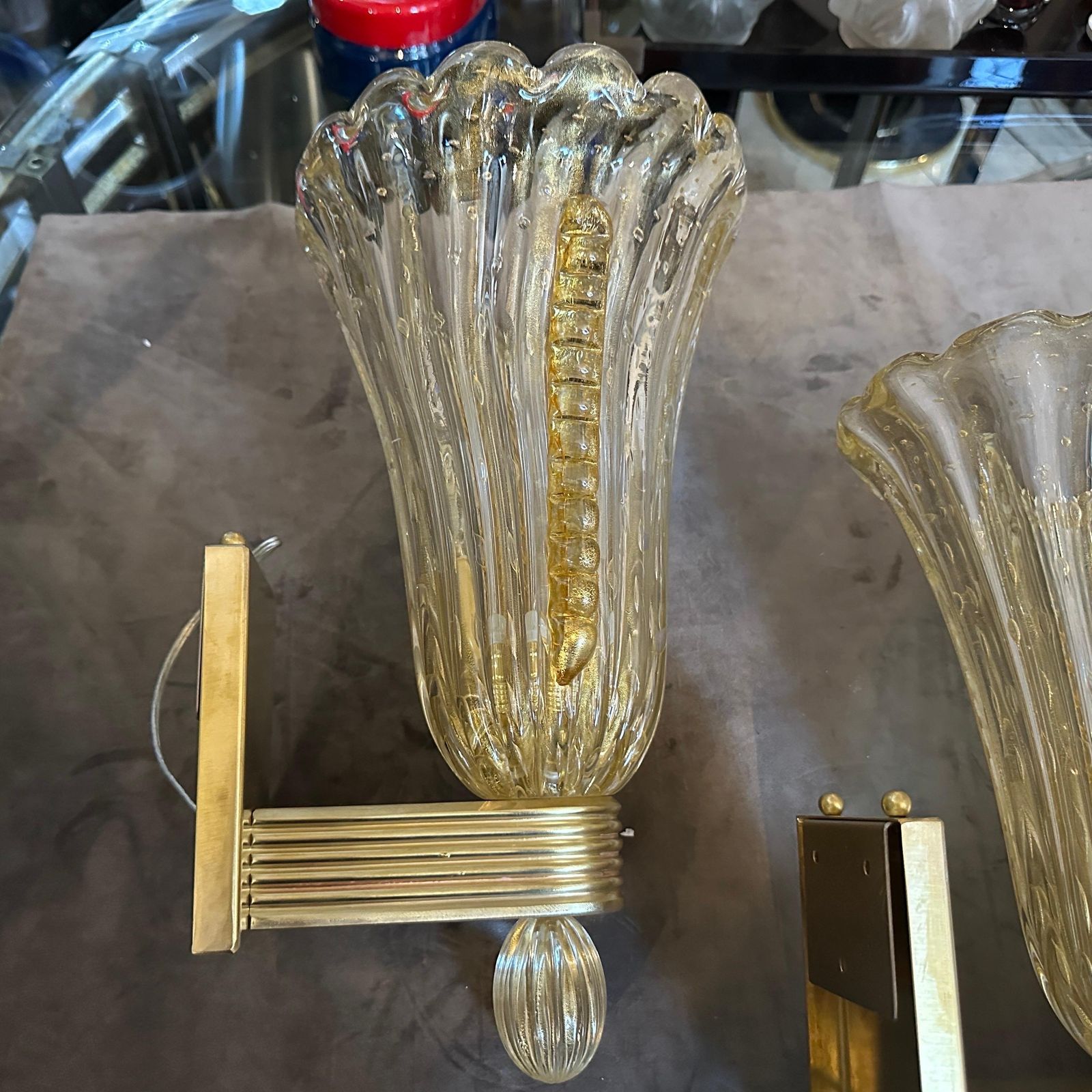 photo furniture 21st Century Barovier Style Modern Amber Murano Glass And Brass Wall Sconces