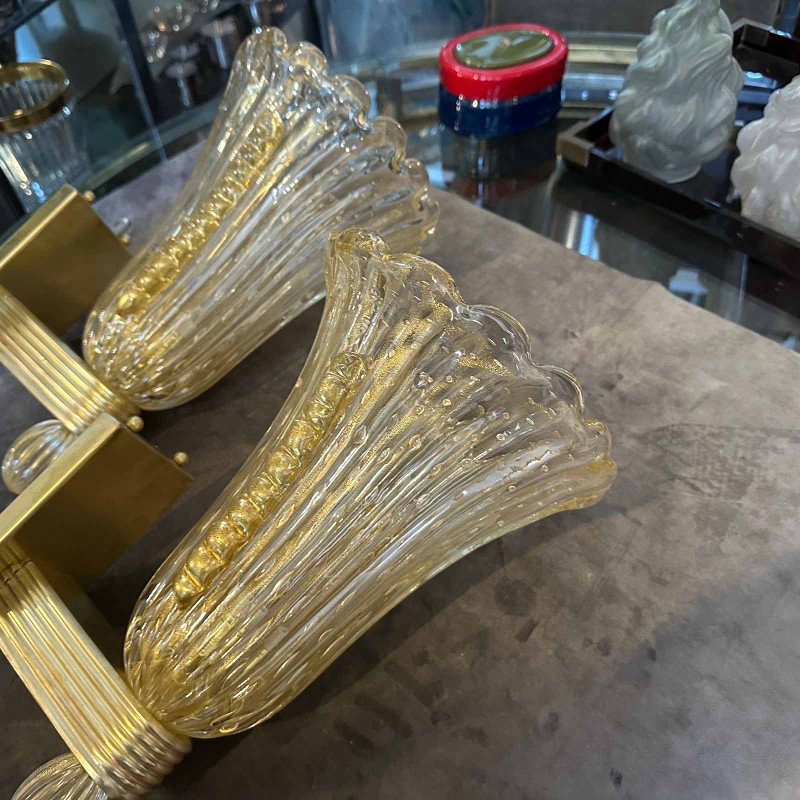 photo for sale 21st Century Barovier Style Modern Amber Murano Glass And Brass Wall Sconces