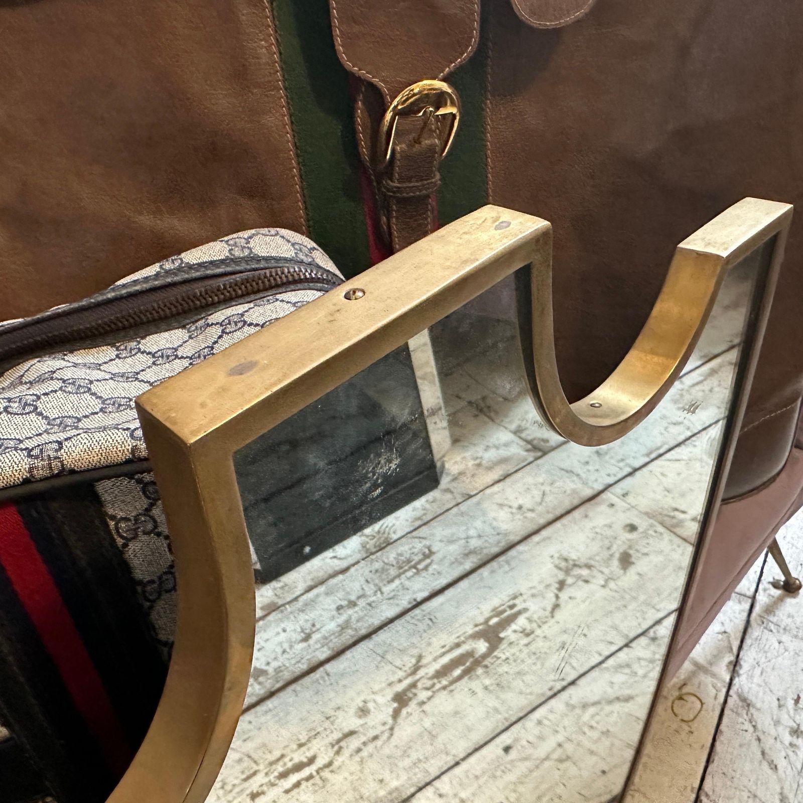 photo vintage Two 1950s Gio Ponti Style Mid Century Modern Brass Shield Italian Wall Mirrors