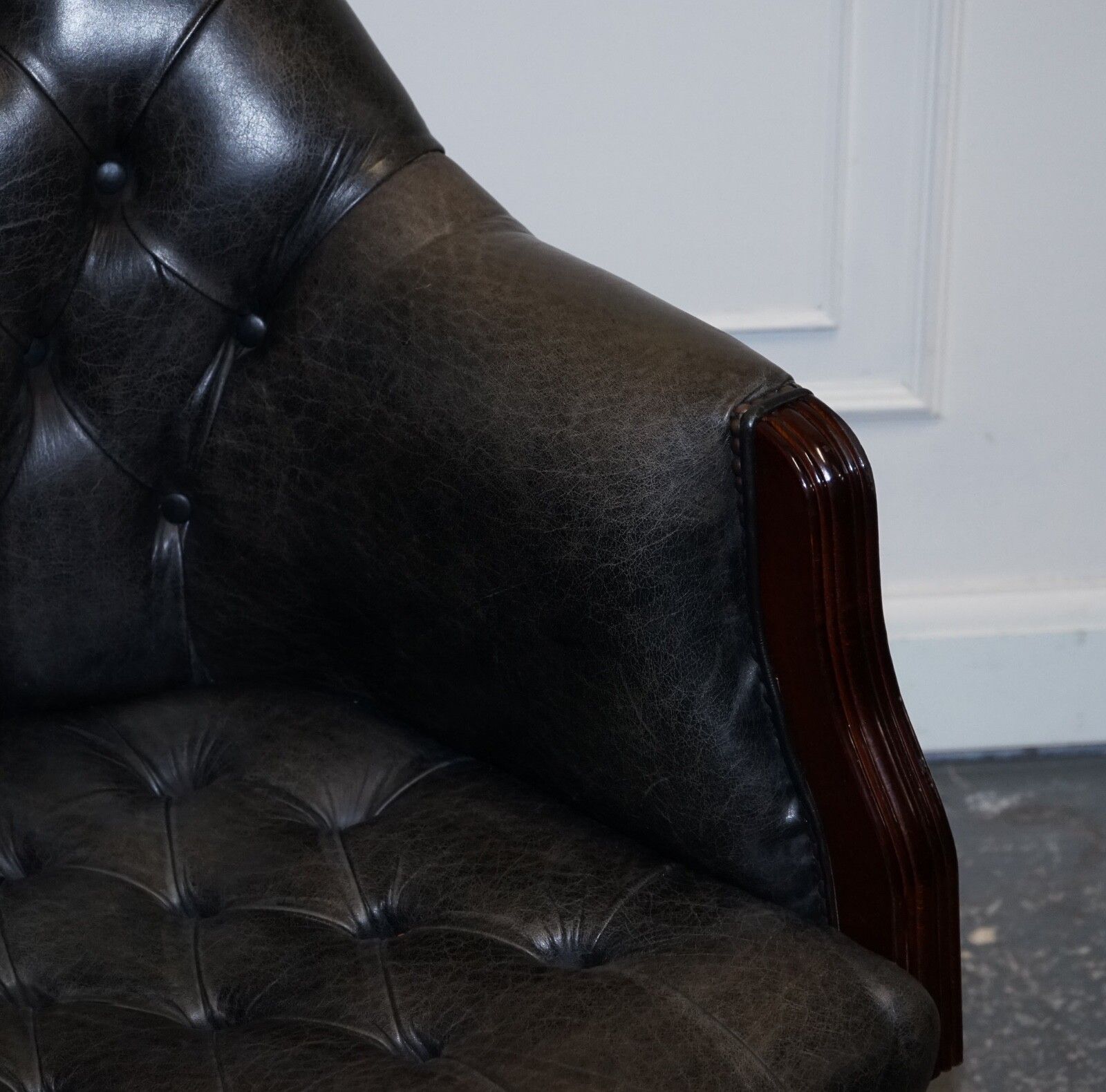 Vintage Chesterfield Dark Aged Grey Leather Directors Swifel Captains Chair photo vinterior