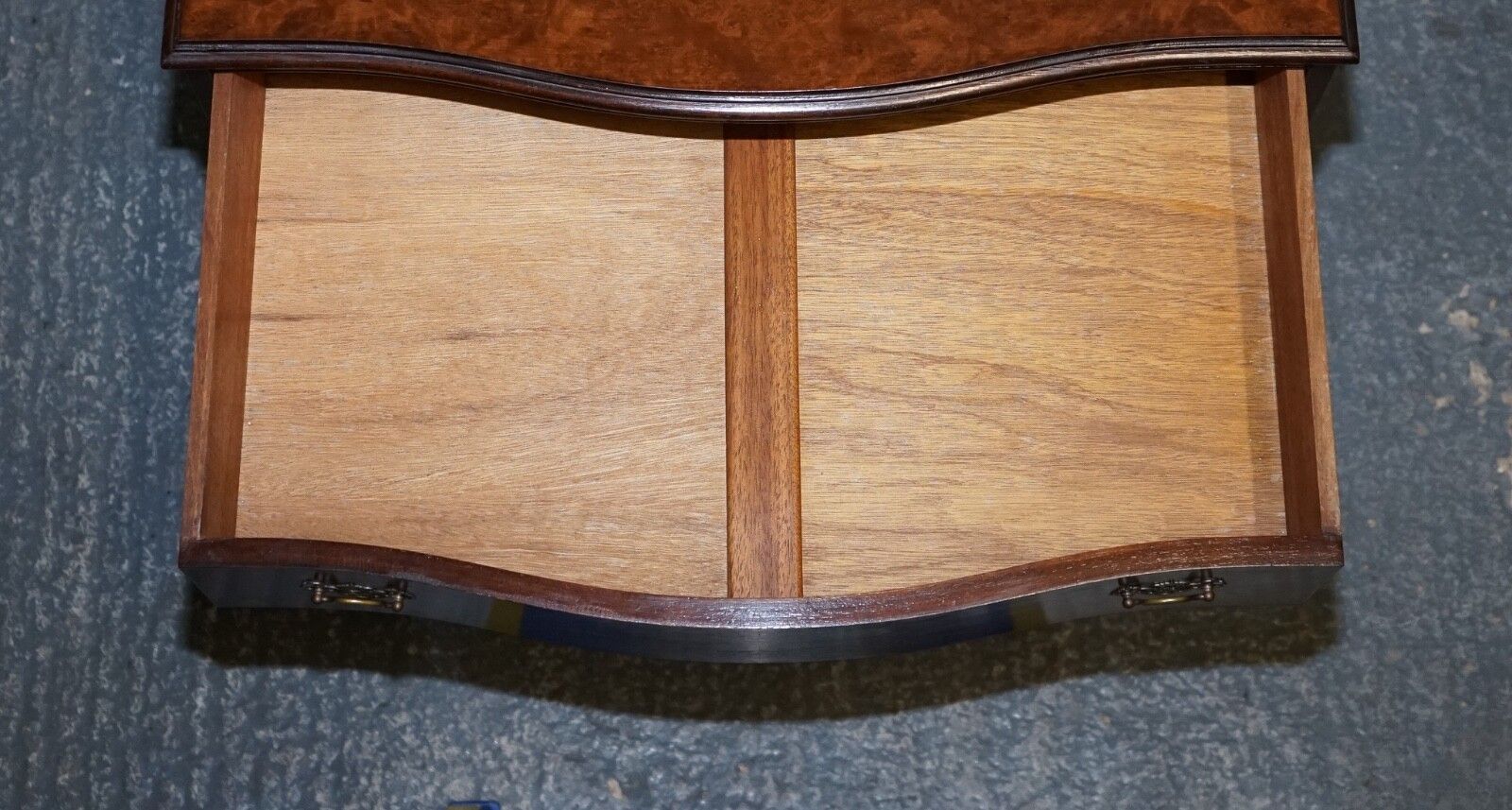 photo for sale Late 20th Century Burr Walnut Chest Of Drawers With Brass Handles